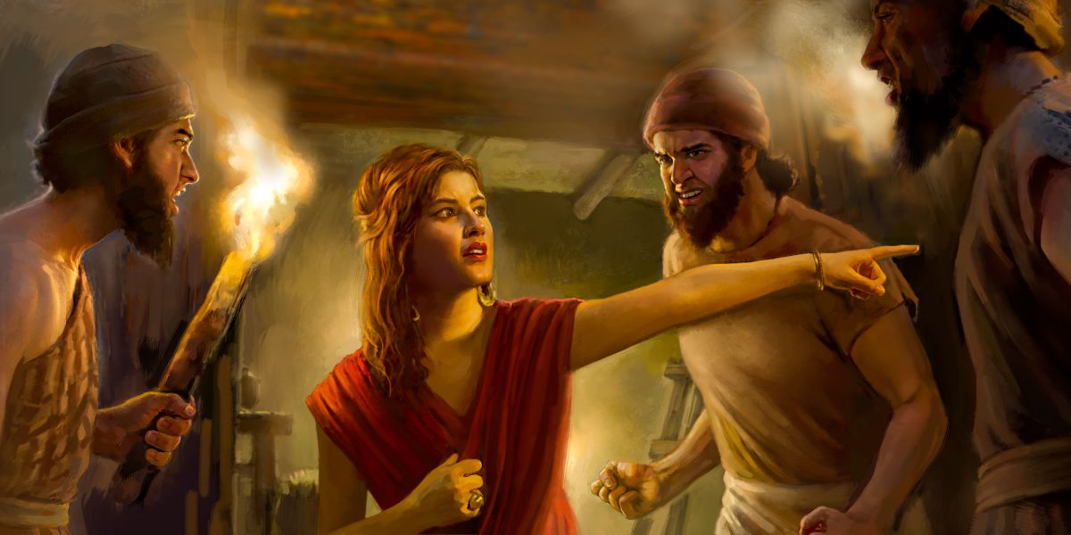 ਰਾਹਾਬ ਇਜ਼ਰਾਈਲੀ ਜਾਸੂਸਾਂ ਦਾ ਪਿੱਛਾ ਕਰਨ ਵਾਲੇ ਆਦਮੀਆਂ ਨੂੰ ਗ਼ਲਤ ਪਾਸੇ ਭੇਜਦੀ ਹੋਈ