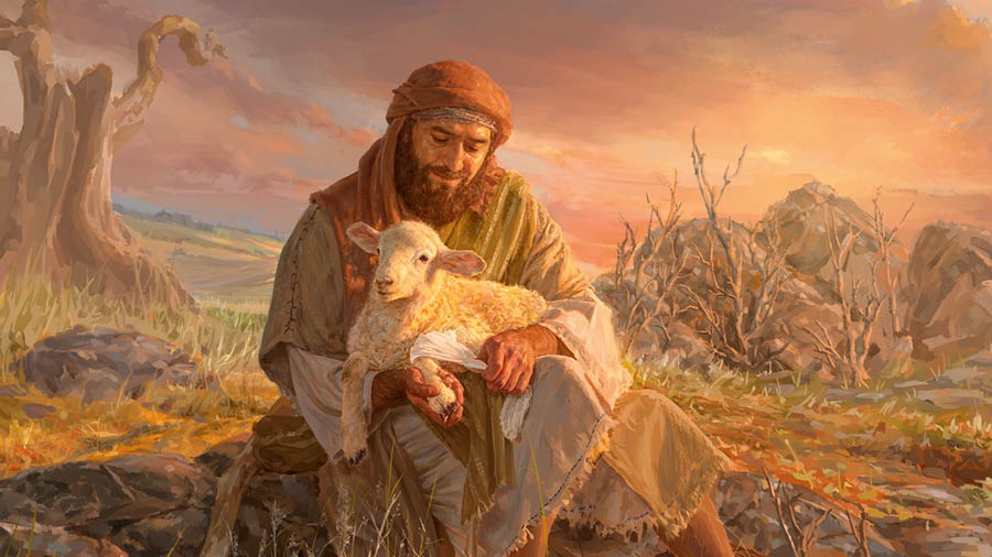 ਇਕ ਚਰਵਾਹਾ ਲੇਲੇ ਨੂੰ ਆਪਣੀਆਂ ਬਾਹਾਂ ਵਿਚ ਲੈ ਕੇ ਉਸ ਦੀ ਲੱਤ ਦੇ ਪੱਟੀ ਬੰਨ੍ਹਦਾ ਹੋਇਆ।