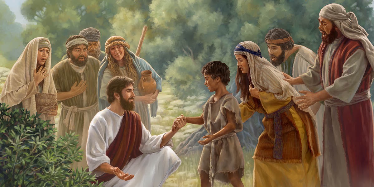 ਯਿਸੂ ਇਕ ਮੁੰਡੇ ਨੂੰ ਠੀਕ ਕਰਦਾ ਹੋਇਆ ਅਤੇ ਮੁੰਡੇ ਦੇ ਮਾਪੇ ਅਤੇ ਲੋਕ ਖ਼ੁਸ਼ ਹੁੰਦੇ ਹੋਏ