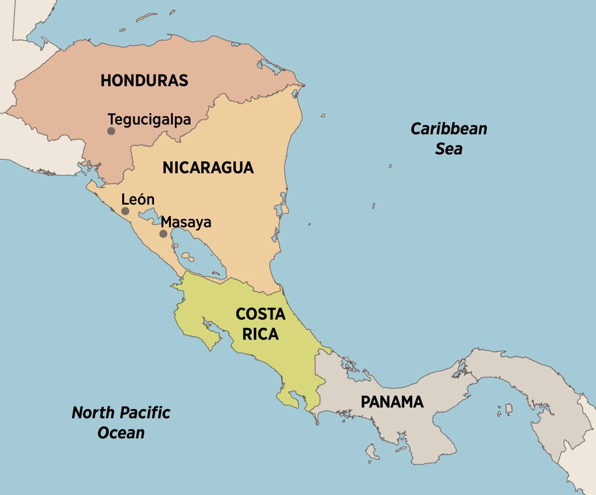 Say mapa na Central America ya mangipapanengneng ed saray lugar ya nanayaman tan nampulongan nen Elfriede: Tegucigalpa, Honduras; León tan Masaya, Nicaragua; Costa Rica; tan Panama.