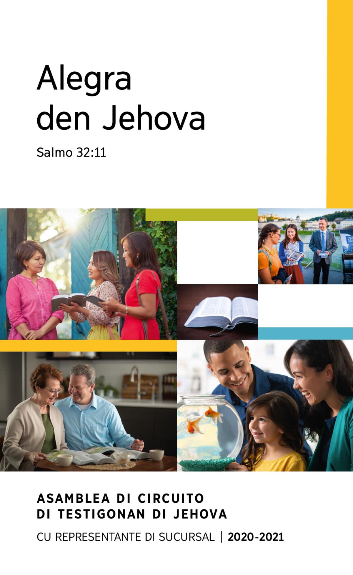 Coleccion di plachi: 1. Un famia feliz ta wak pisca (goudvis) den un comchi di glas. 2. Dos testigo di Jehova ta splica un texto di Bijbel na un señora na su cas. 3. Un pareha ta studia Bijbel cu yudansa di publicacion basa riba Bijbel. 4. Un Bijbel habri. 5. Un pareha ta mustra un video basa riba Bijbel na un señora cu ta cana pasa.