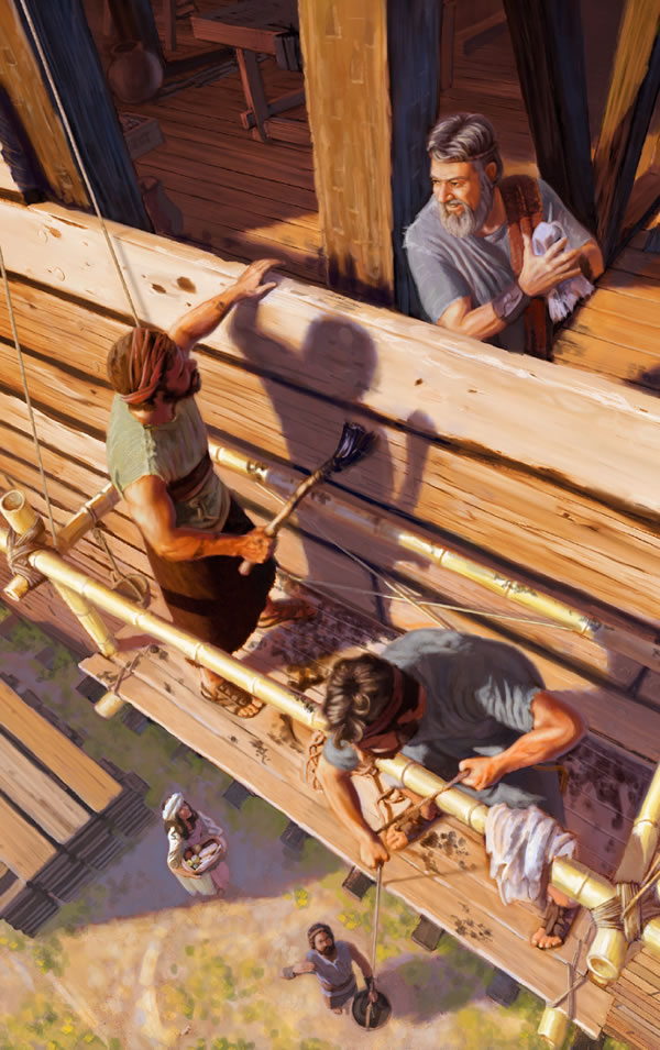 Noe y su famia trahando hunto pa construi e arca