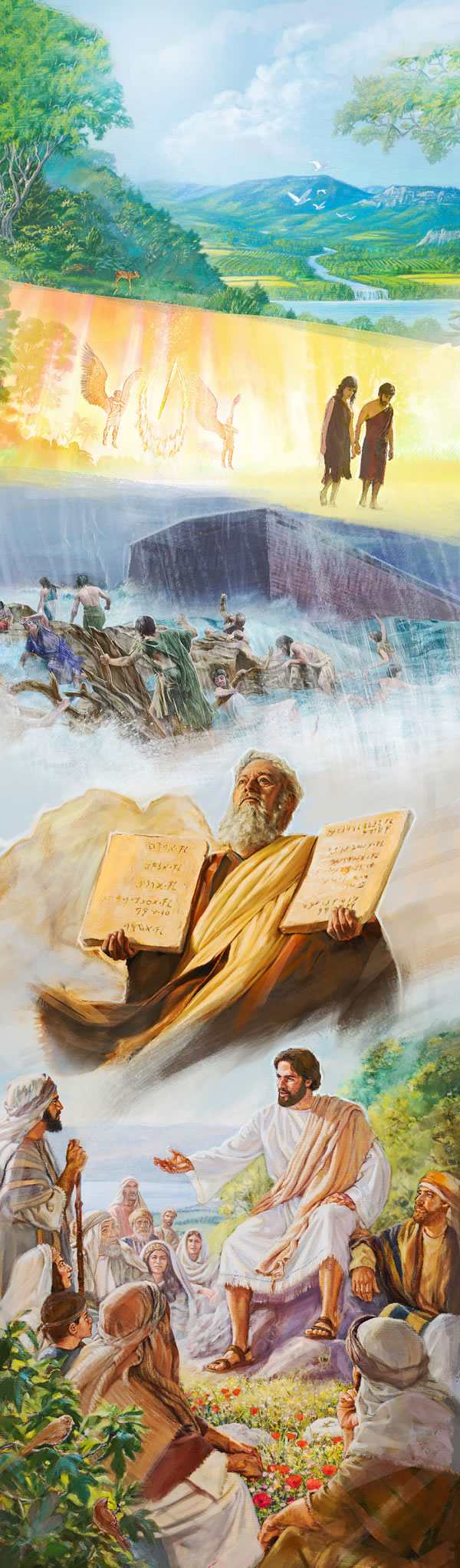 Esena di e Paradeis original, e Paradeis pèrdí, e Diluvio den dia di Noe, Moises ku e 10 mandamentunan i Hesus ta siña.