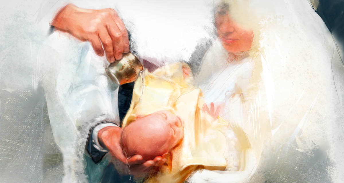 Un pastor ta basha awa riba kabes di un bebi durante un seremonia di boutismo.
