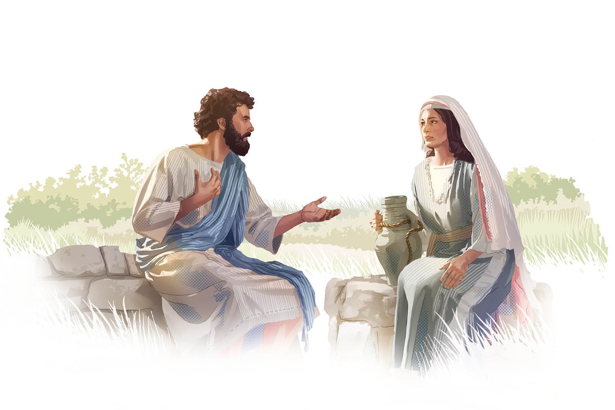 Hesus ta papia ku un señora samaritano na un pos.