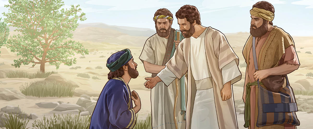 Hesus ta papia na un manera kariñoso ku un hòmber ku a kai na rudia dilanti dje i su disipelnan.