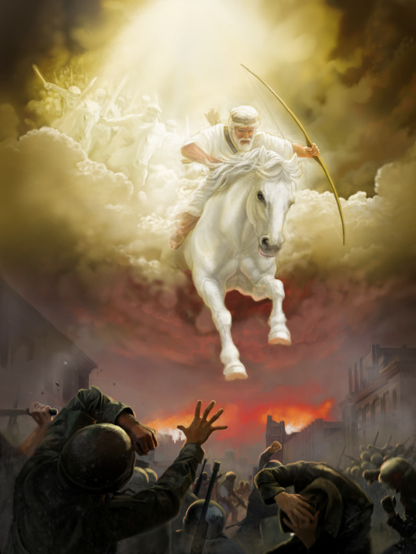 Hesus i su angelnan ta kore riba kabai blanku durante Armagedon