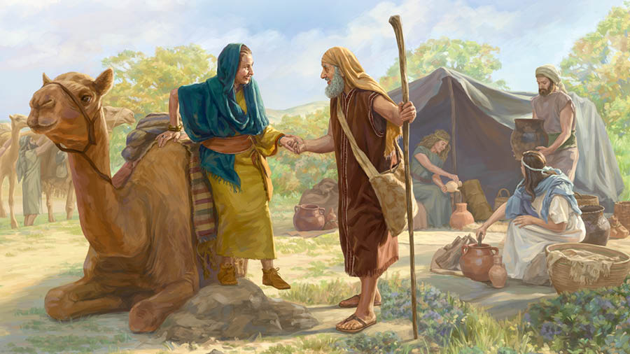 Abraham ta yuda Sara baha for di un kamel. Mas patras, un par di kriá ta hasi nan trabounan di tur dia.