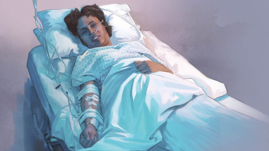 Un señora ta drumí riba kama na hospital ku infius den su man i oksígeno na su nanishi.