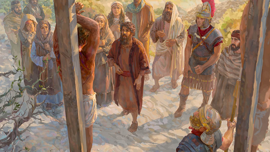 Hesus kologá na staka di tormento. Apòstel Huan, Maria i algun sòldá romano ta pará den serkania.