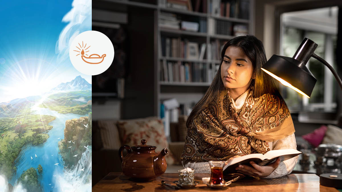 Kolekshon di plachi: Plachi chikitu di un lampi. 1. Tera kombertí den un paradeis ku seru, vaye bèrdè i riu. 2. Un hóben ta meditá riba loke el a lesa den Beibel.