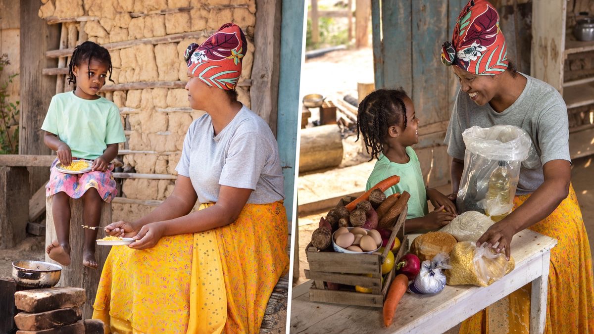 Kolekshon di plachi: Un mama i su yu muhé tin problema finansiero. 1. Nan ta sinta pafó di nan kas simpel i ta kome un tiki kuminda ku no sufisiente. 2. Nan ta hopi kontentu ku nan a haña kuminda di nan rumannan.