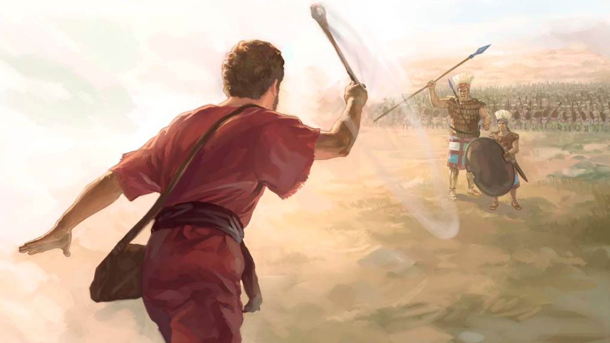Riba kampo di bataya David ta tira Góliat ku un piedra for di su slengu.
