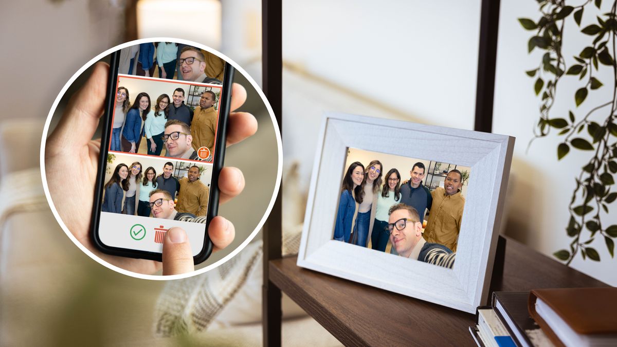 Un plachi rondó ta mustra un ruman hòmber ta delete for di su telefòn un di e vários potrètnan di un grupo di ruman. Un otro potrèt di e grupo awor di prent ta den un leshi riba un rèki.