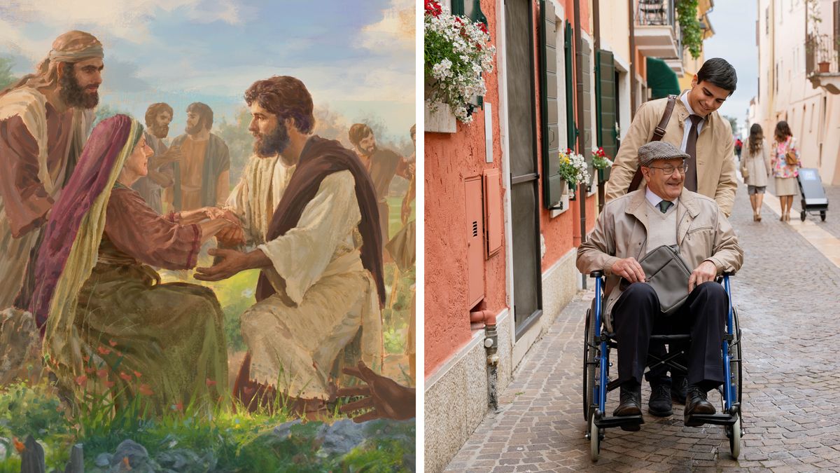 Kolekshon di plachi: 1. Hesus ta konsolá un señora i ta papia kuné amablemente. 2. Durante sirbishi, un sirbidó ministerial yòn ta yuda un ruman hòmber di edat ku ta den ròlstul.