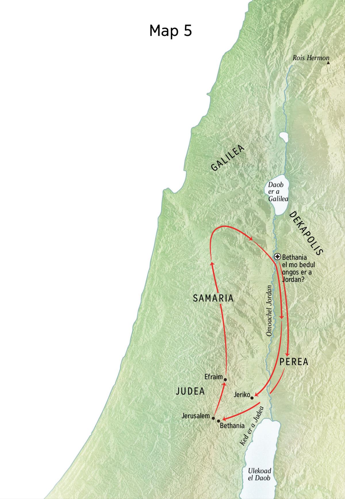 Map er aike el basio el lemla er ngii a Jesus e meruul er a omesiungel el uldimukl er a Bethania, Jeriko, me a Perea