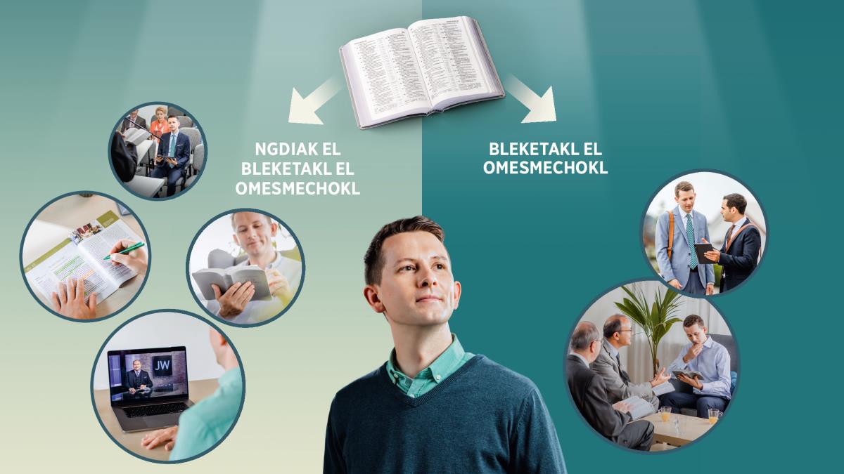Siasing: Odam el melatk a kakerous el rolel e nglocha mo ngmai a omesmechokl. A Biblia belkais er bebul e melutk aike el rolel e ngmo ngmai a diak el bleketakl me a lechub e ngbleketakl el omesmechokl. 1. Diak el bleketakl el omesmechokl: ngika el odam el ngar er a miting; menguiu er a Biblia; omes a prokuram er a JW Broadcasting; mesuub aike el babilenged. 2. Bleketakl el omesmechokl: Odam lorrenges er a kuk ta er a odam el mengedecheduch er ngii e olecholt er a kmung ngngerang el ngar er a tablet; reteru el mechuodel a me odngelii.
