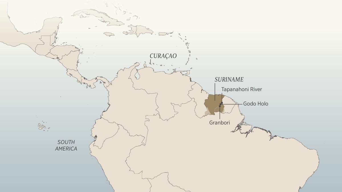 Map er a South America me a Caribbean, el olecholt a bebil er aike el beluu el Daniel van Marl a kiliei e uleldingel: Curaçao, Suriname, Tapanahoni River, Godo Holo, me a beluu er a Granbori.