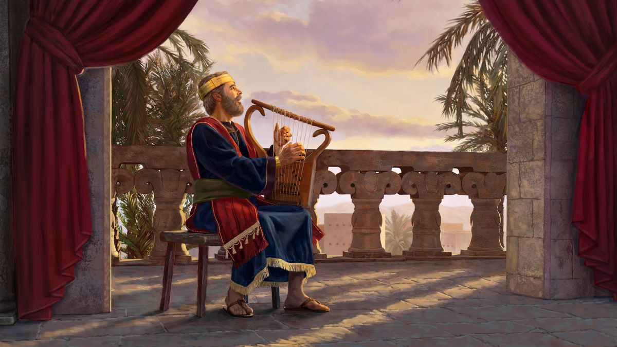 King David el dengchokl er a balcony lousekool er a harp e mengitakl.