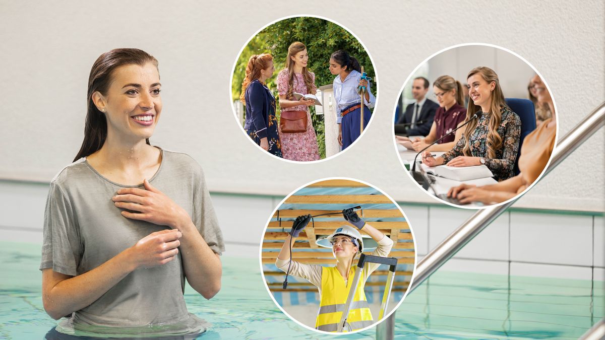 Una joven que acaba de bautizarse en una piscina se ve muy feliz. Imágenes destacadas: 1. Sale a predicar. 2. Asiste a la Escuela para Evangelizadores del Reino. 3. Instala el cableado eléctrico en un proyecto de construcción.