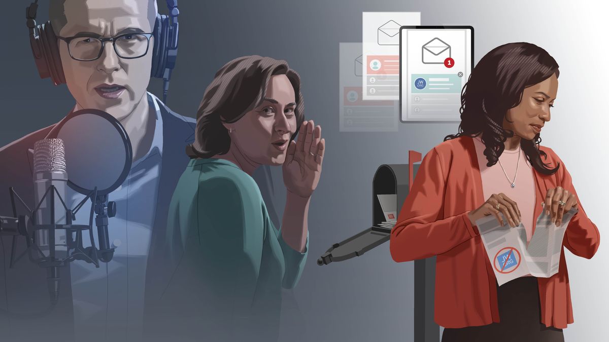 Serie de imágenes: Varias formas en las que pueden llegarnos historias falsas. 1. Un hombre grabando un podcast. 2. Una mujer susurrando. 3. Correos electrónicos no solicitados. 4. Panfletos publicitarios en el buzón físico. Una hermana que recibe estos panfletos en su buzón los rompe.