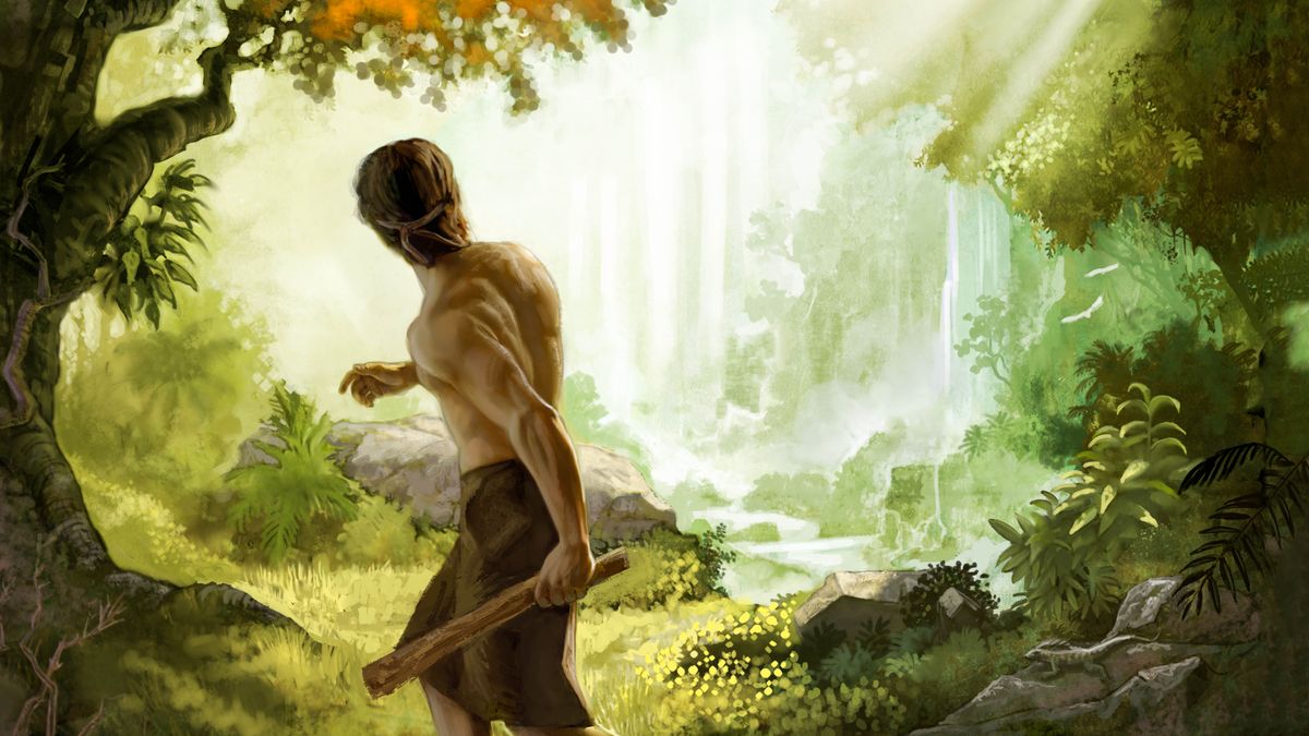 Caín con un garrote en la mano va de camino a matar a Abel. Se gira para escuchar la voz de Jehová, que le habla desde el cielo.