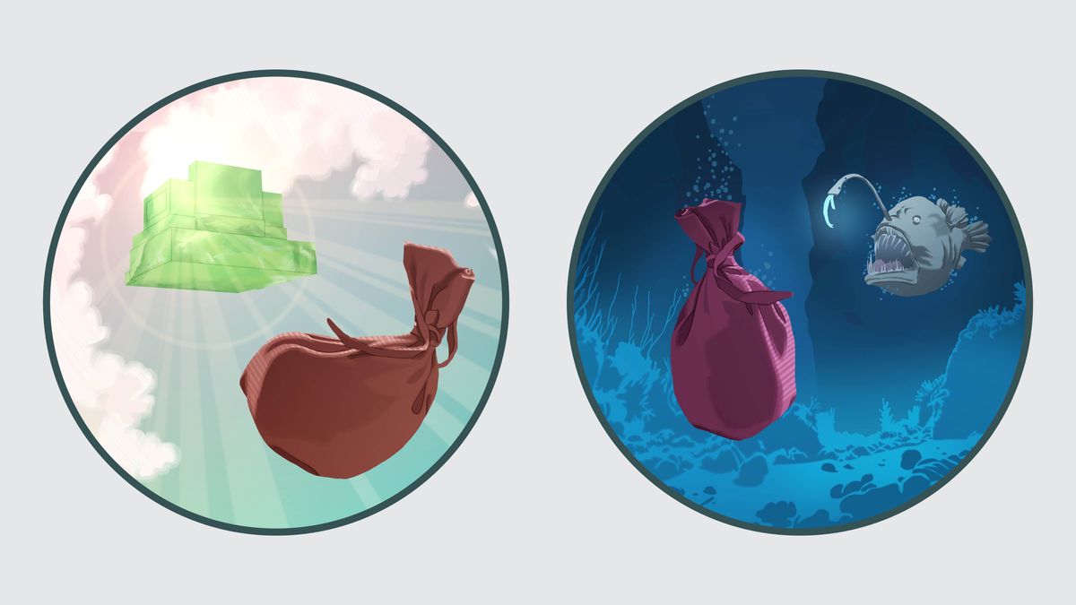 Serie de imágenes: 1. Un saco grande y pesado es arrojado detrás del trono celestial de Jehová. 2. Un saco grande y pesado se hunde en el fondo del mar.