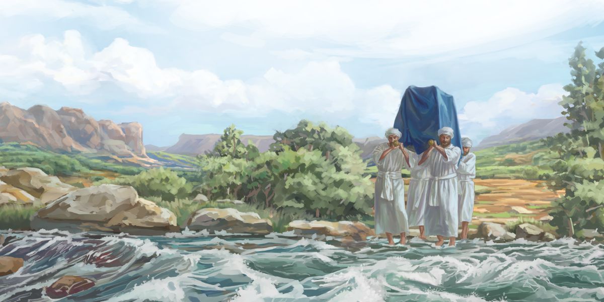 Priest dey carry the ark of the covenant pass river Jordan