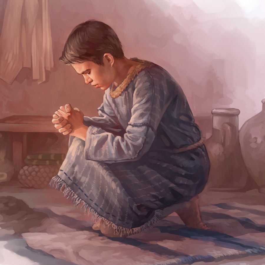 One boy kneel down dey pray