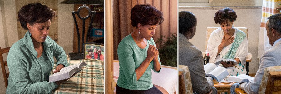 One sister dey read Bible, e dey pray, and e dey talk with two elders