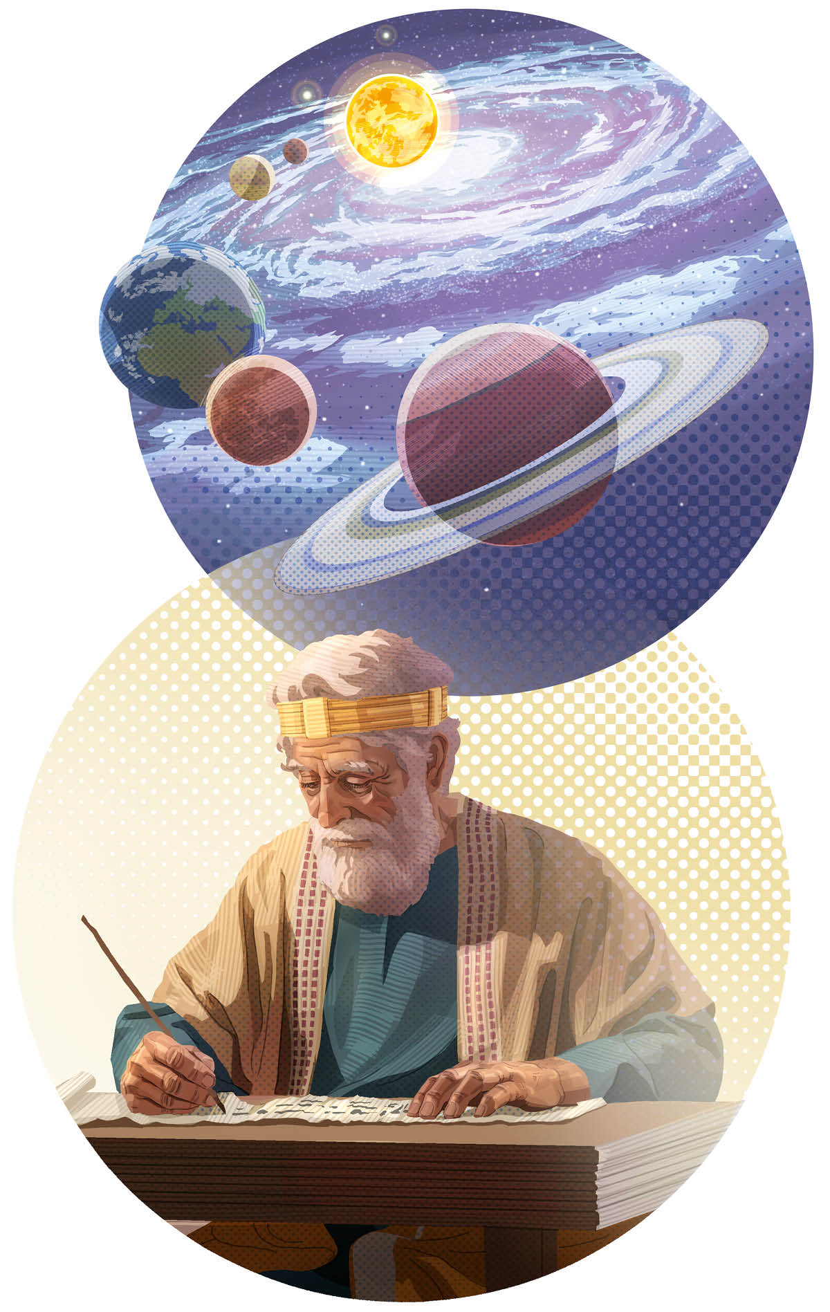 Miere Bilda: Sachen, waut Gott derch sienen Jeist jedonen haft. 1. De Planeeten un de Ieed un de Stiernhimmel. 2. Een Bibelschriewa schrift daut opp eene Schreftroll opp, waut Gott am enjeft.