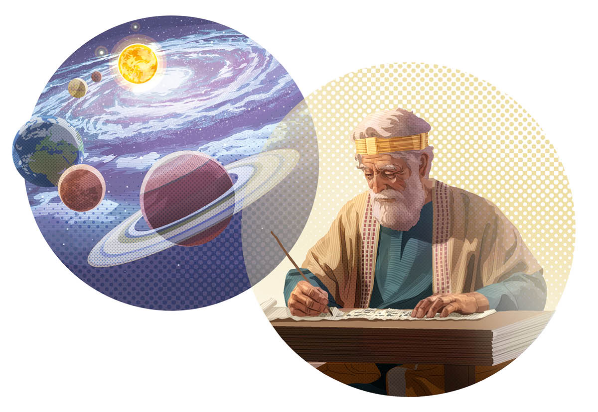 Miere Bilda: Sachen, waut Gott derch sienen Jeist jedonen haft. 1. De Planeeten un de Ieed un de Stiernhimmel. 2. Een Bibelschriewa schrift daut opp eene Schreftroll opp, waut Gott am enjeft.
