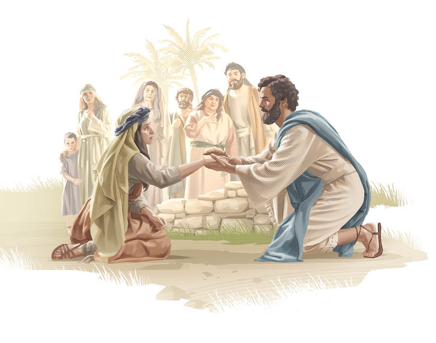 Jesus es opp Kjneees un rät to eene enjstelje Fru, waut jroz derch een Wunda von äa bleeden jeheelt wort