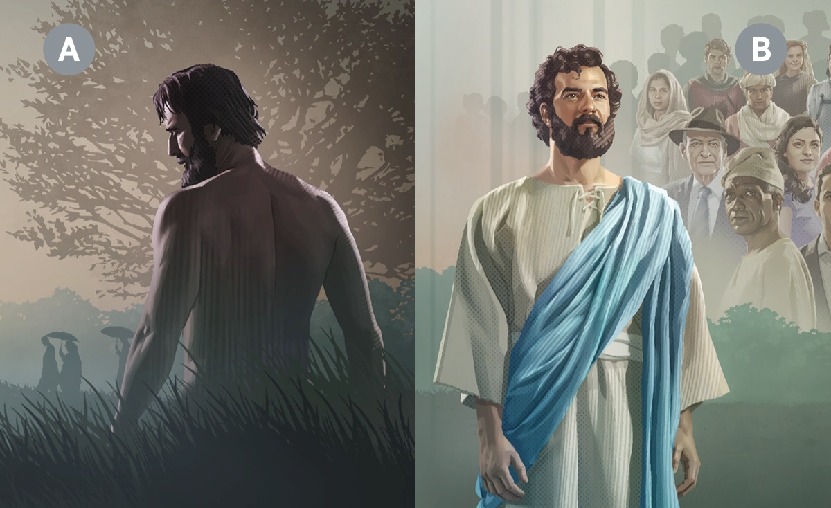 Miere Bilda: A. Adam, aus hee ieescht ojjehuarsom wia. B. Jesus Christus