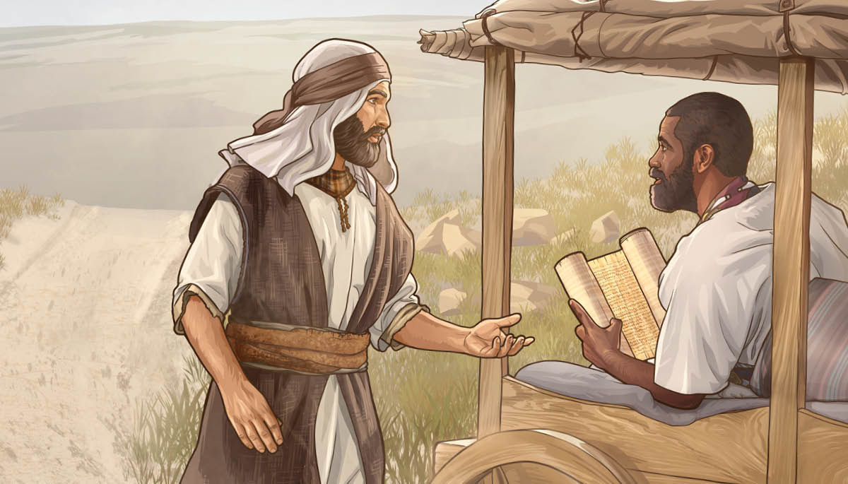 De Evangeliumsvekjindja Filippus rät met eenen Maun von Ätiopien, waut opp eenen Woagen sett un eene Schreftroll läst.