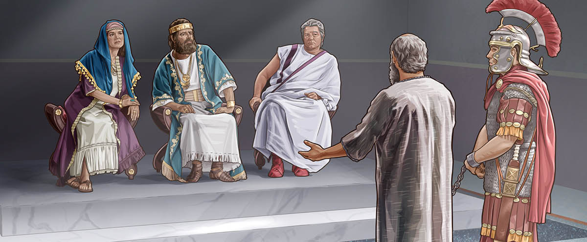 De Apostel Paulus rät respakjtvoll ver Kjennich Agrippa, Festus un Berenike un es aun eenen Woaka aunjekjäd.