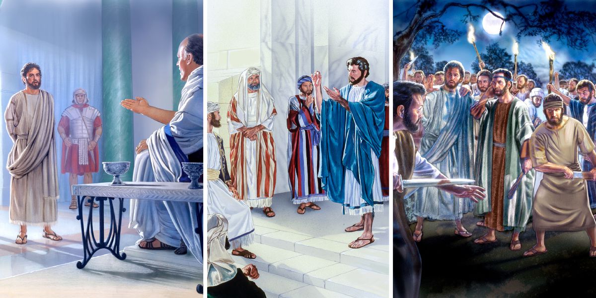 Jesus steit ver Pontius Pilatus; Jesus helt een Jeltstekj enne Haunt; Jesus wiest Petrus trajcht, wiels hee Malchus daut Ua aufjeschnäden haft