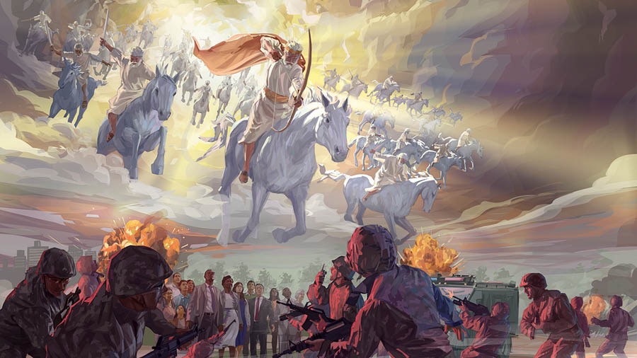 Jesus un siene himlische Armee rieden opp witte Pieed, om em Kjrich von Harmagedon Gott siene Fiend to venichten, un eene groote Häad Menschen bliewen läwen