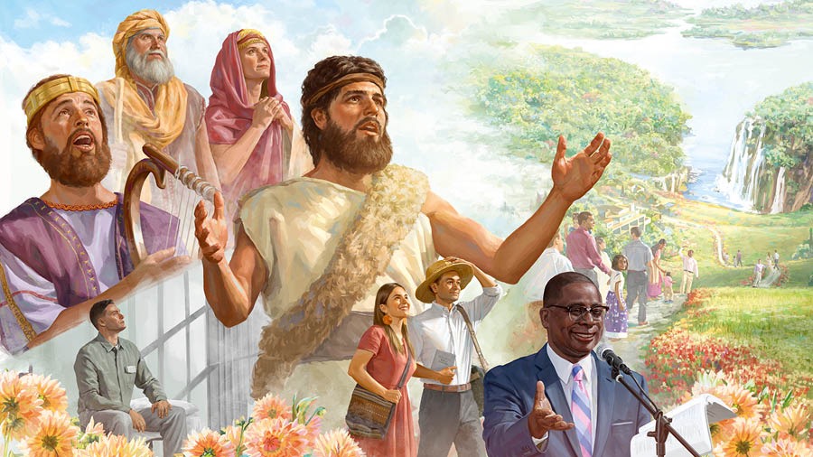 Bilt: Een deel Menschen freien sikj to daut eewje Läwen oppe Ieed: 1. de Kjennich David, 2. een Brooda, waut enjestopt es, 3. Abraham, 4. Sara, 5. Johanes de Deepa, 6. een Ehepoa, 7. junge un elre Menschen un 8. een Brooda, waut eene opne Bibel enne Haunt helt.