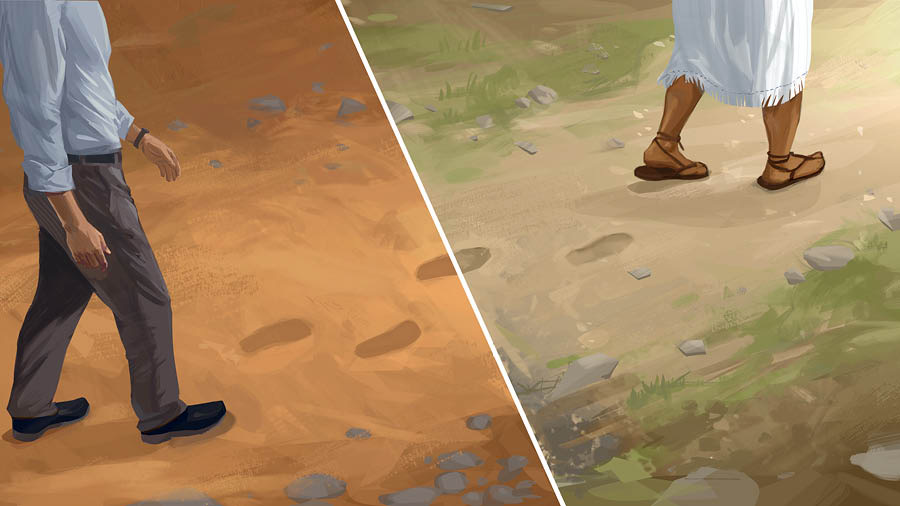 Miere Bilda: 1. Jesus hinjalat Footspoaren, aus hee jeit. 2. Een Maun von de vondoagsche Tiet jeit en Jesus siene Footspoaren.