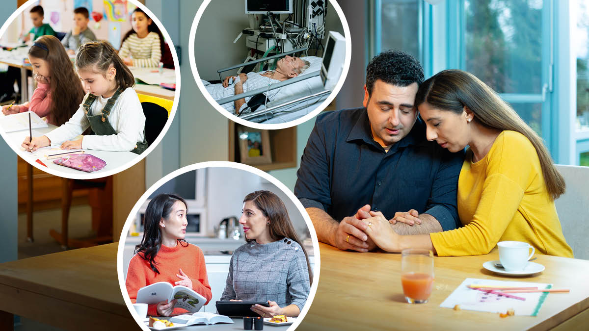 Een Ehemaun bät met siene Fru toop. Miere Bilda: 1. Äare Dochta es enne School. 2. Een elra Maun licht krank em Hospitol. 3. De Sesta studieet met eene Fru de Bibel.