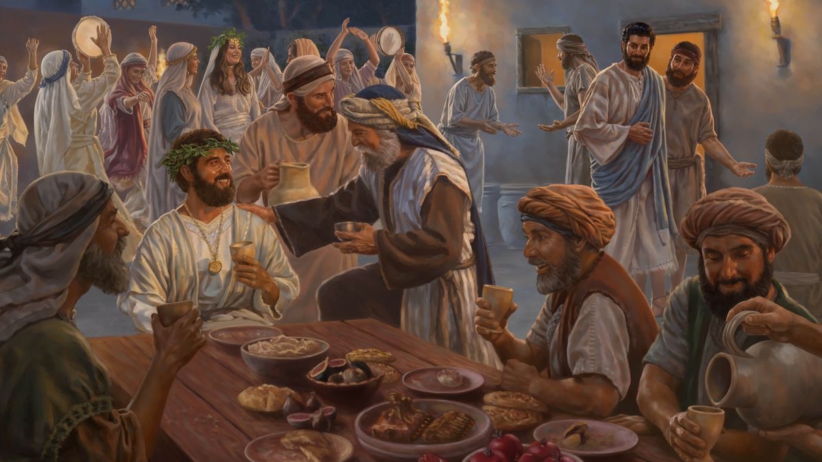 Jesus steit doa hinjakaunt bie eene Kjast. De Brutlied un dee äare Jast daunzen, äten un loten sikj dän gooden Wien scheenschmakjen.