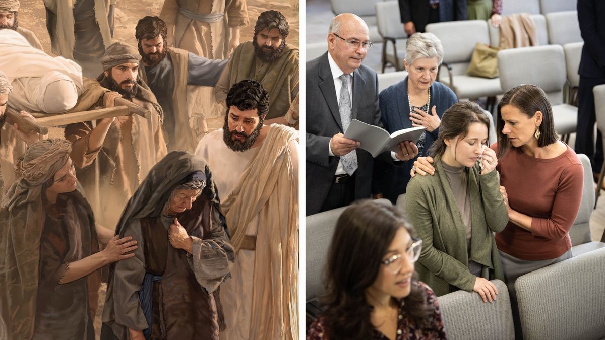 Miere Bilda: 1. Menschen droagen eenen Dooden nom Grauf. Jesus treest de Mutta von dän Vestorwnen. 2. Eene Sesta treest bie daut Leet en een Toopkomen eene aundre Sesta, waut roat.