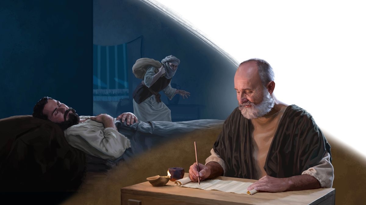 Miere Bilda: 1. De Apostel Paulus schrift opp eene Schreftroll. 2. Een Maun schlapt gaunz faust un een Stäla schlikjt sikj de Nacht nenn.