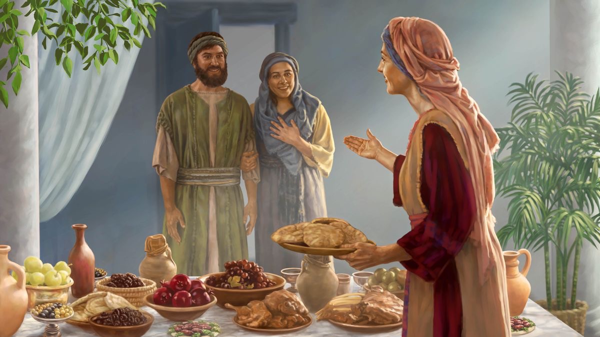 Eene israelitische Fru lot een Ehepoa en toom äten, un een schmocka reedjemoakta Desch met jesundet Äten steit ver an.