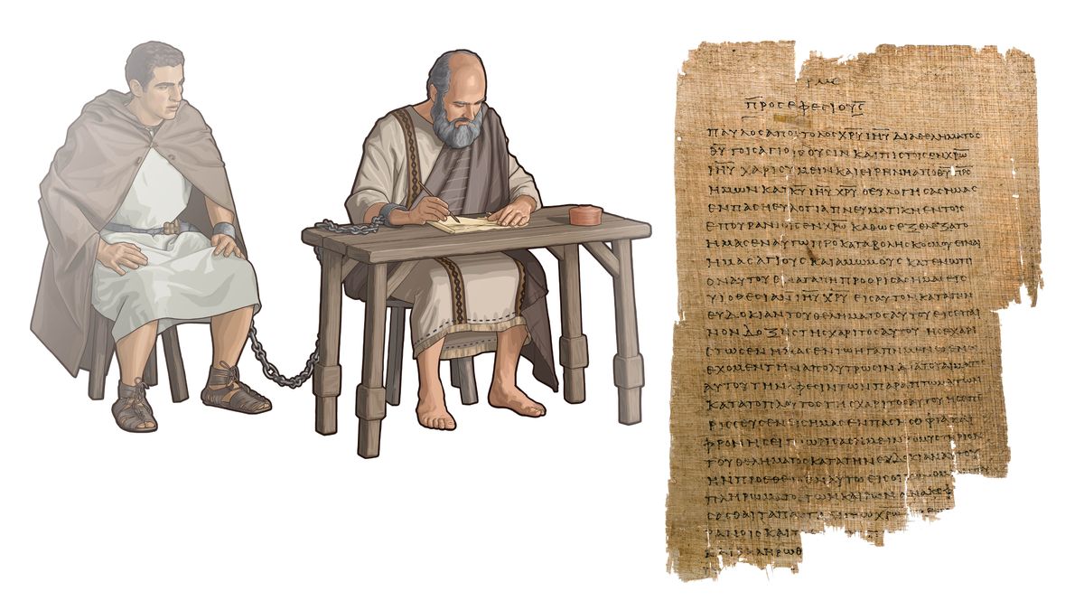 Miere Bilda: 1. De Apostel Paulus schrift eenen Breef, aus hee en Room aun eenen Soldot faustjekjät es. 2. Eene Aufschreft von Paulus sien Breef aun de Efeesa.