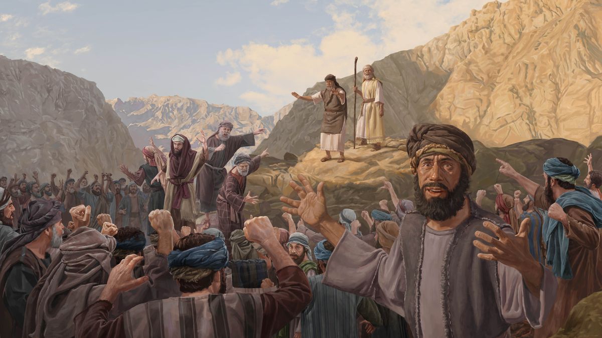 Moses un Aaron stonen opp eenen grooten Steen, un de Israeliten brellen un wiesen Fust to dee.