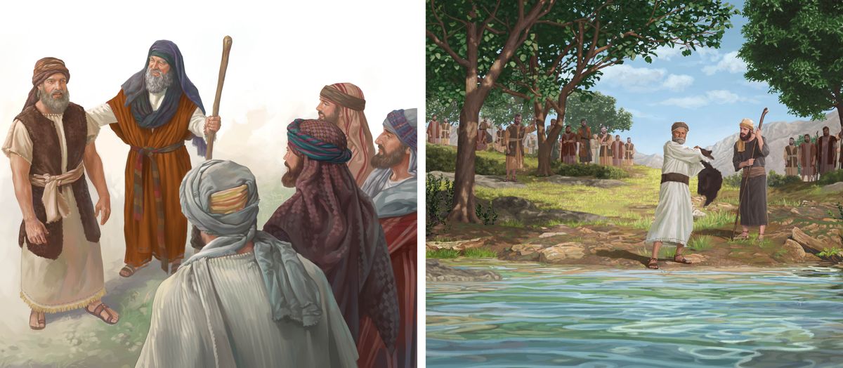 Miere Bilda: 1. Moses stalt Josua aus Leida aun ver eenje Israeliten. 2. Elisa kjikjt too, aus Elia met sienen Mauntel daut Wota em Jordan Riefa schlonen deit. Aundre Profeeten stonen doa dicht bie.