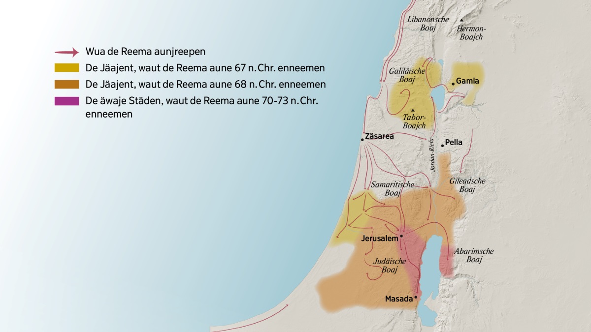 Eene Launtkoat, wua eenje Boaj un Stauten en daut ieeschtemmasche Israel to seenen sent. Em Nuaden von Jerusalem sent de libanonsche Boaj, de galiläische Boaj, de samaritische Boaj un de gileadsche Boaj. Doa es uk de Hermon-Boajch un de Tabor-Boajch. De Stauten em Nuaden von Jerusalem sent Gamla, Zäsarea un Pella. Em Sieden von Jerusalem sent de judäische Boaj, de abarimsche Boaj un uk de Staut Masada. De Launtkoat wiest uk, wua de Reema aunjejräpen haben un de Jäajenden, waut dee vonne 67 n. Chr. bat 73 n. Chr. enneemen.