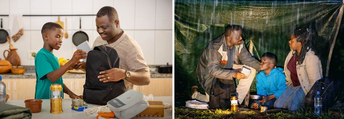 Miere Bilda: 1. Een Voda un sien Sän moaken eene Nootfaul-Tausch reed. Dee doonen eene Bibel un needje Sachen enne Tausch nenn. 2. De Voda, de Mutta un de Sän sent unja eenen Plon em Räajen. Dee brucken de needje Sachen, waut see en äare Nootfaul-Tausch haben.